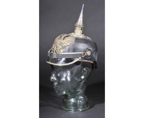 *Picklehaube. A WWI Prussian helmet,  with black leather skull, brass helmet plate, plated spike black metal cockades and lea