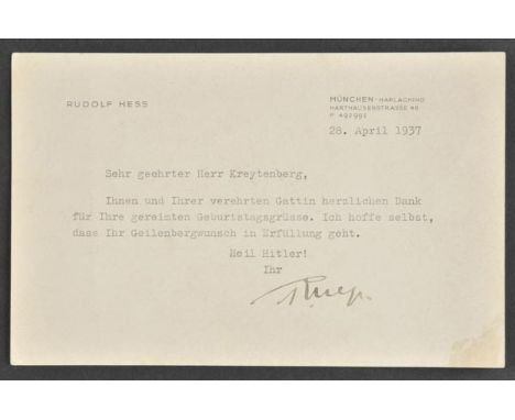 *Hess (Rudolf, 1894-1987). Typed autograph letter signed on printed letterhead, Munich, 28 April 1937,  to Kreytenberg thanki