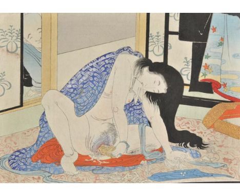 *Utamaro School. A group of seven shunga prints, early 19th century,  koban yoko-e nishiki-e, colour woodblock prints, slight