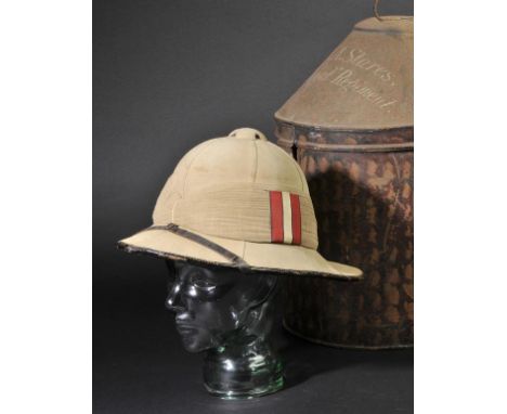 *Pith Helmet. WWII tropical helmet belonging to Lieutenant-Colonel J.W.A. Stares,  of typical khaki colour with red and white