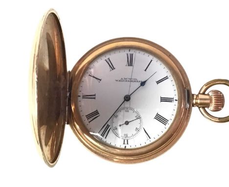 GOLD PLATED POCKET WATCH, MAKER A.W.W.CO. WALTHAM the circular dial with Roman numerals, outer seconds track and subsidiary d