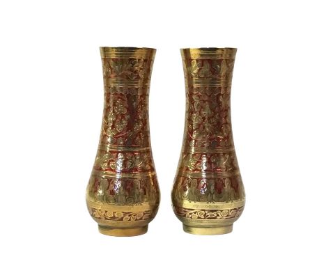 PAIR OF INDIAN BRASS AND ENAMEL VASES, ALONG WITH A SYRIAN DAGGER AND A BRASS STATIONERY CASKET the vases with floral designs