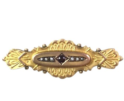 TWO GOLD BAR BROOCHES, ALONG WITH FURTHER JEWELLERY the bar brooches each set with seed pearls and dress stones, marked for n