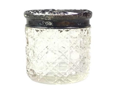 LATE VICTORIAN SILVER TOPPED JAR, AND TWO ROYAL CROWN DERBY SAUCERS the lid embossed with scrolls, marked for Birmingham 1900