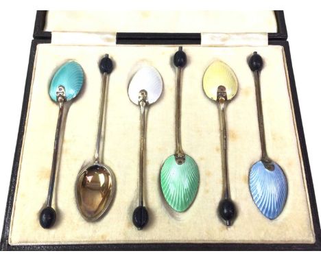 SET OF SIX SILVER AND ENAMEL COFFEE SPOONS, BIRMINGHAM 1941  the bowls enamelled in harlequin colours, with bean terminals, r
