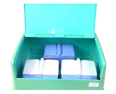 RETRO BREAD BIN, AND DISHES the bread bin from teal plastic marked LUSTOWARE BREAD BOX to base, with gold accents, as well as