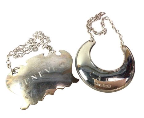 TWO SILVER DECANTER LABELS. along with four white metal decanter labelsQty: 6
