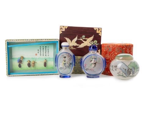 TWO CHINESE GLASS SNUFF BOTTLES, AND OTHER CHINESE ITEMS,  mid 20th century, one decorated with a female figure, the other de