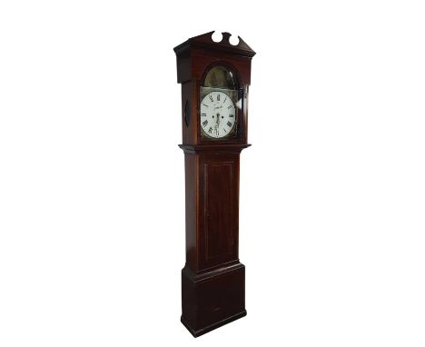 EARLY 19TH CENTURY MAHOGANY LONGCASE CLOCK, the painted face with Roman numerals209cm high