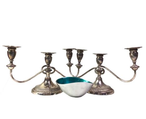 PAIR OF SILVER PLATED TWIN BRANCH CANDELABRA, ALONG WITH FURTHER ITEMS comprising a pair of Japanese vases, a bowlthe candela