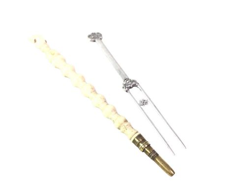 BONE STANHOPE PENCIL, ALONG WITH CHINESE SILVER PICKLE FORK the second with bat decoration