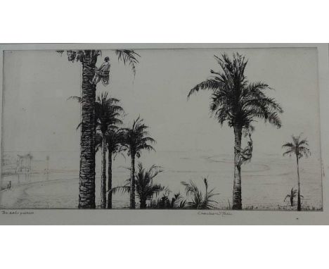 CHARLES WILLIAM CAIN (BRITISH 1893 - 1962), THE DATE PICKERS etching on paper, signed and titled mounted, framed and under gl