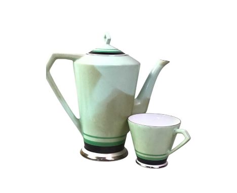 NORITAKE PART COFFEE SERVICE, OF ART DECO DESIGN comprising five cups, six saucers, coffee pot and cream jug also two photogr