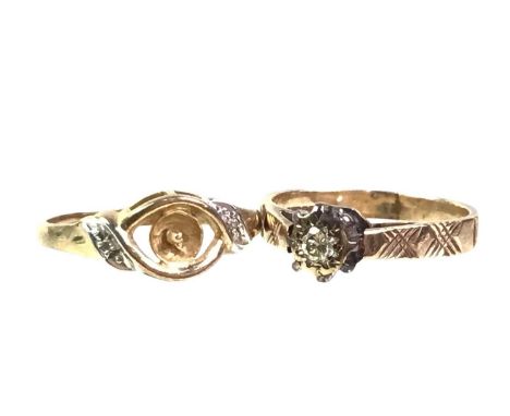 TWO DIAMOND RINGS, NINE CARAT GOLD one with a single round brilliant cut diamond, the other lacking its centre stone, with di