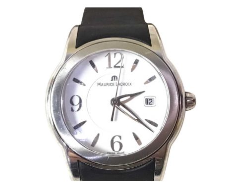 GENTLEMAN'S WRIST WATCH, MAURICE LACROIX with date and black leather strap, with papers in box