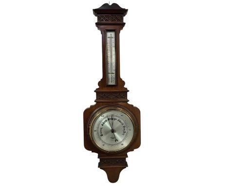 EDWARDIAN MAHOGANY WALL BAROMETER, W. WATSON & SONS, LONDON with silvered thermometer and barometer dials86cm high 