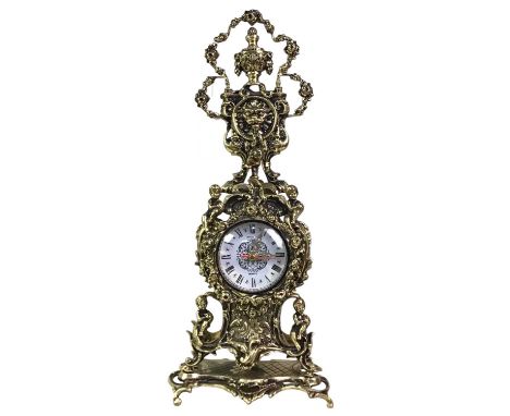 REPRODUCTION BRASS MANTEL CLOCK, the dial with Roman numerals, battery operated movement57cm high