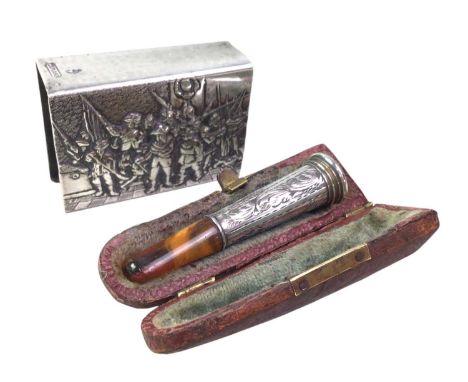 SILVER AND AMBER CIGARETTE HOLDER, ALONG WITH A SILVER MATCHBOX CASE the cigarette holder in fitted casethe first 6cm long