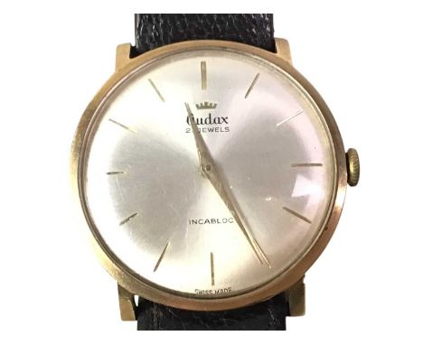 VINTAGE AUDAX MANUAL WIND WRIST WATCH, NINE CARAT GOLD the case with initials to back, on leather strap