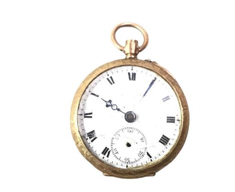 NINE CARAT GOLD OPEN FACE FOB WATCH, the round dial with Roman hour markers, 32mm caseQty: 21.5g