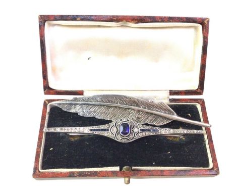 SILVER AND STONE SET BAR BROOCH, ALONG WITH A SILVER FEATHER BROOCH the first in case8cm wide