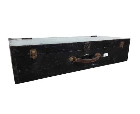 WOODEN TOOL BOX painted black, with hinged lid80cm wide