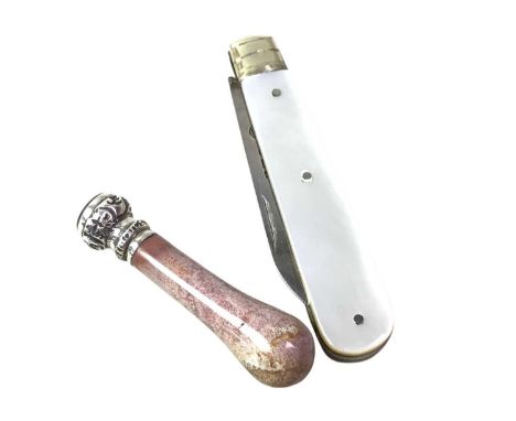 SILVER FRUIT KNIFE. ALONG WITH A SILVER AND AGATE SEAL the knife with mother of pearl handle, the seal with bloodstone termin