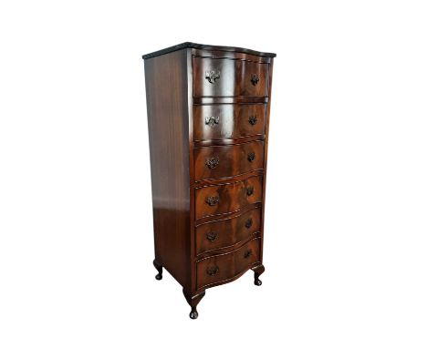 REPRODUCTION MAHOGANY SERPENTINE CHEST OF DRAWERS, ALONG WITH ANOTHER CHEST OF DRAWERS fitted with six and three drawers resp