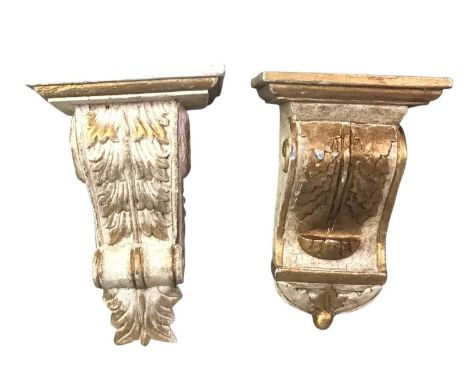 THREE WALL SCONCES, all in gold scrolling form, the first two a matching pair, with hanging hooks, and the last a double scro