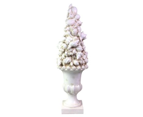 PAIR OF FAUX SHELL ORNAMENTS, of tapered form, with cascading shell shapes, in metallic silver, along with another of the sam