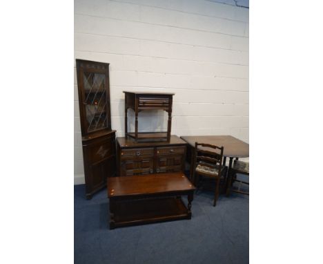 A QUANTITY OF OAK FURNITURE to include a gate leg table with two ladderback chairs, lead glazed corner cupboard, coffee table