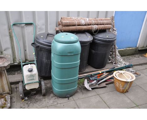 THREE PLASTIC DUSTBINS, a water butt, a Walkover Insecticide sprayer, a distressed hammock, various split cane blinds, a nest
