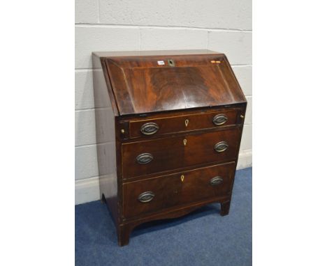 A MAHOGANY AND STRUNG INLAID BUREAU, constructed with old and newer timbers, with a fitted interior above three drawers, on b