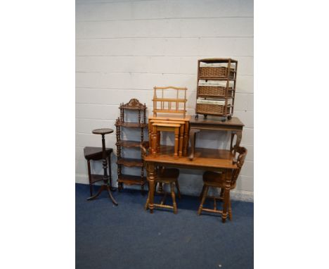 A QUANTITY OF OCCASIONAL FURNITURE, to include a beech kitchen table and two chairs, a pine nest of three tables, oriental oc