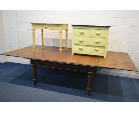 A LARGE FRENCH PARQUETRY TOPPED DRAW LEAF TABLE, on large turned legs, extended length 306cm x closed length 164cm x depth 15