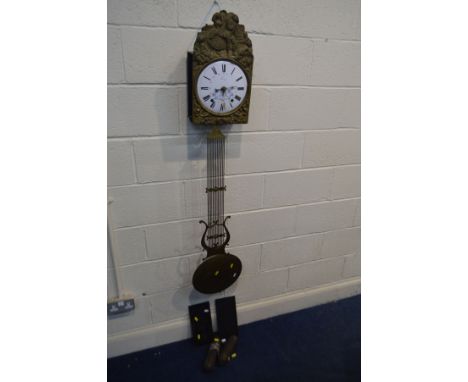A 19TH CENTURY FRENCH GILT METAL COMTOISE WALL CLOCK, enamel dial with roman numerals, large pendulum, two weights and windin