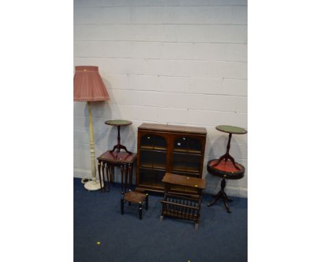 A MODERN MAHOGANY TWO DOOR BOOKCASE, four various modern mahogany occasional furniture to include a drum table, nest of table