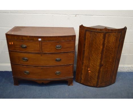 A GEORGIAN MAHOGANY AND CROSSBANDED BOWFRONT CHEST OF TWO SHORT OVER TWO LONG DRAWERS, on bracket feet, width 96cm x depth 49