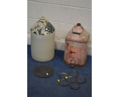 A VINTAGE ALADDIN PINK PARAFFIN CAN (Sd) a large stoneware jar, circular metal wall plaque depicting a male figure and a hors