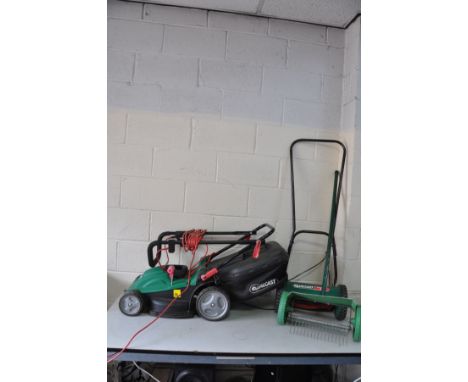 A QUALCAST ELECTRIC LAWN MOWER with 14ins blade and grass box (PAT pass and working) along with a Qualcast Panther 30 manual 