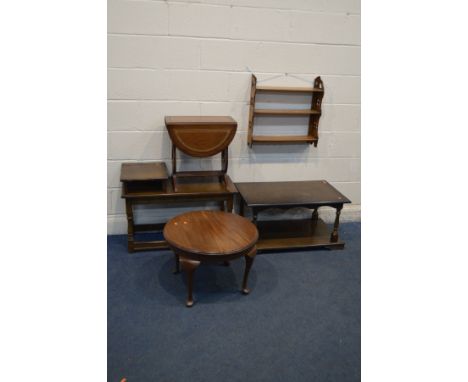 AN OAK THREE TIER HANGING SHELF with pierced sides, along with an oak coffee table, telephone table, drop leaf occasional tab