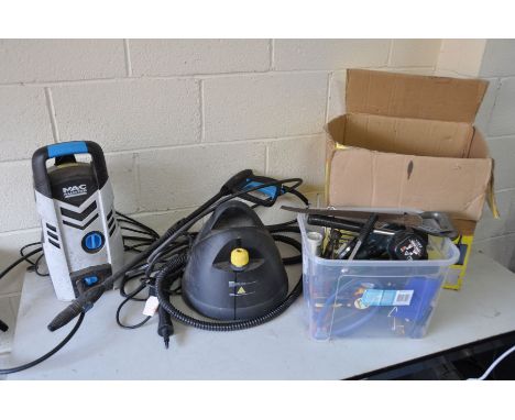 A MACALLISTER MPWP100D 1300W PRESSURE WASHER with lance, Mckeller 1300W steam cleaning kit with various accessories and a box