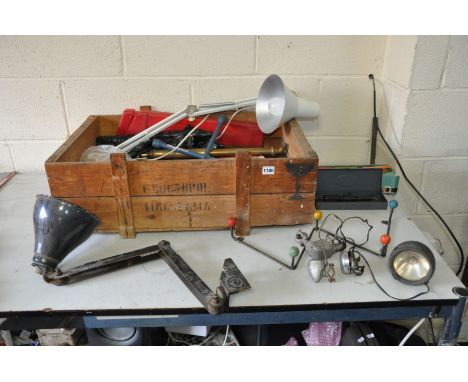 A VINTAGE WOODEN CRATE containing a vintage Girdex Industrial Anglepoise style lamp, a 1950 hanging coat stand, a boxed vinta