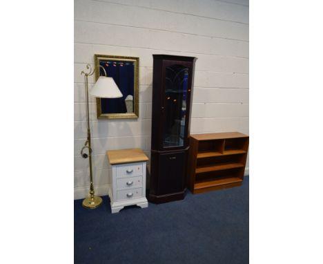 A PARTIALLY PAINTED OAK THREE DRAWER BEDSIDE CABINET, an oak bevelled edge wall mirror, 76cm x 53cm, a brassed floor standing