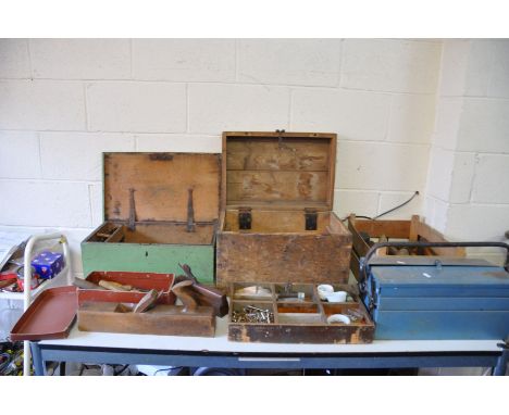 TWO VINTAGE WOODEN TOOLBOXES, a metal toolbox and a wooden crate containing hand tools including Brace and bits, hammers, a w