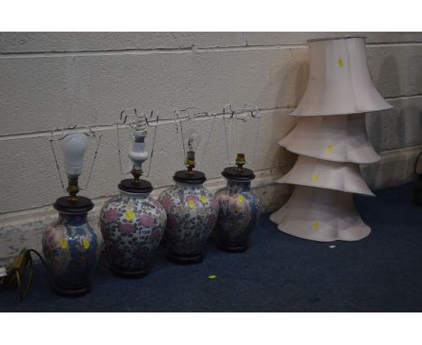 TWO PAIRS OF ORIENTAL CERAMIC TABLE LAMPS, with fabric shades (Sd to some shades)