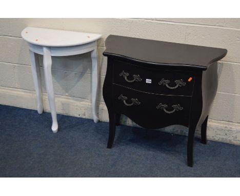 A MODERN BLACK PAINTED BOMBE COMMODE (Sd) together with a white painted demi lune table (2)