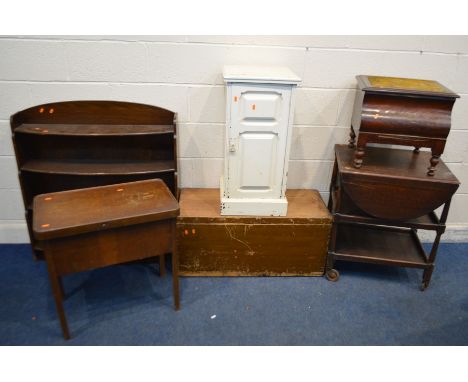 A QUANTITY OF OCCASIONAL FURNITURE, to include a scumbled pine blanket chest, oak open bookcase, painted Edwardian pot cupboa