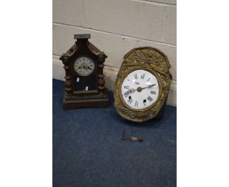 A FRENCH BRASS COMTOISE WALL CLOCK, with an enamel dial (winding handle) and a mantel clock (losses and Sd to both) (winding 