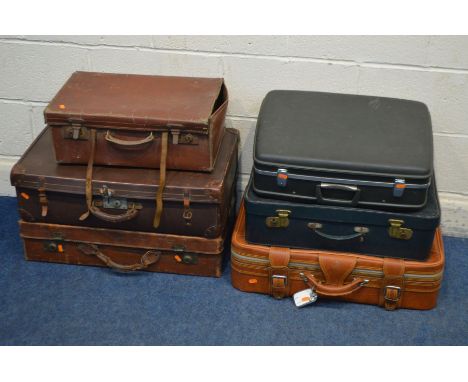 SIX VARIOUS VINTAGE SUITCASES, including three leather, (Sd)